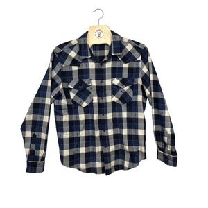 FRYE Men's‎ Plaid Flannel Shirt Large Blue Cream Button-Down Cotton